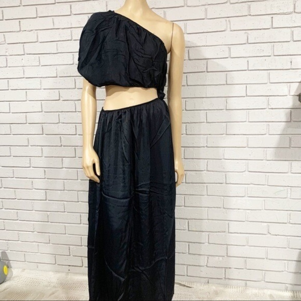 Farm Rio One Shoulder Asymmetric Cutout Maxi Dress Black Boho Resort NWT L